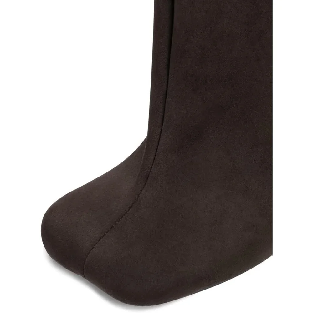 Women's Brown Wide Calf Square Toe Stiletto Heels Knee High Suede Boots